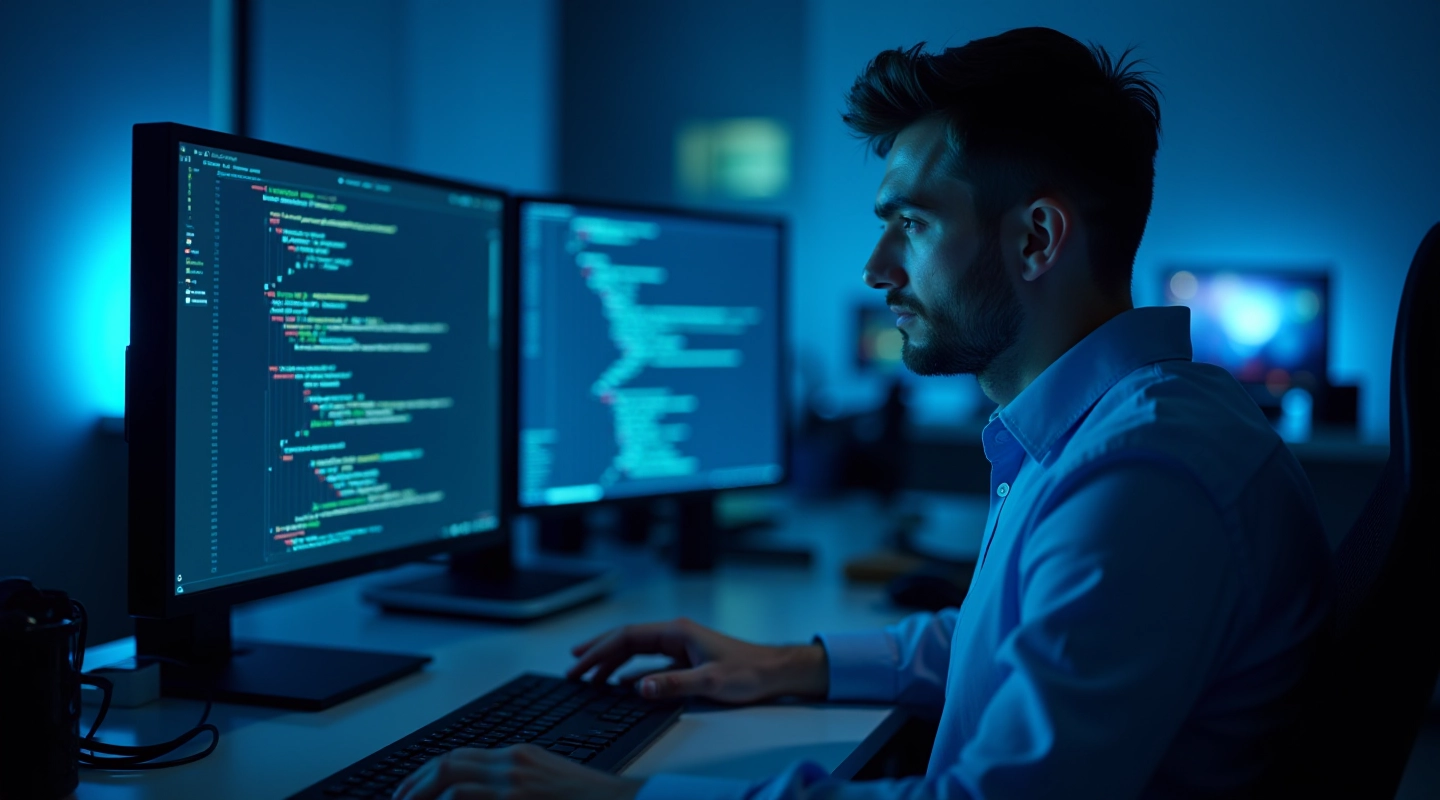 Developer working at desk with code and smart contract documentation