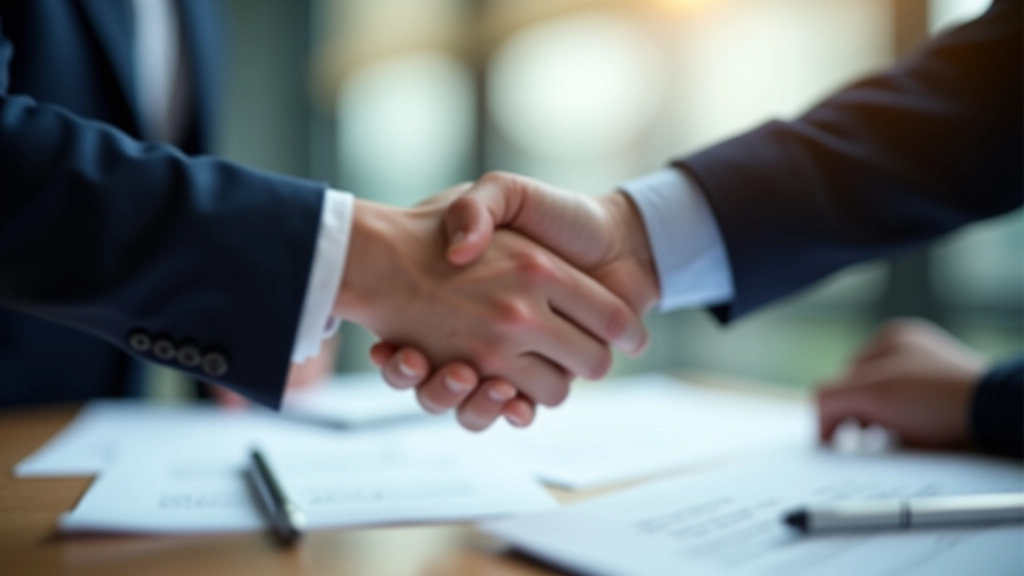 Two professionals shaking hands in business setting with contract documents