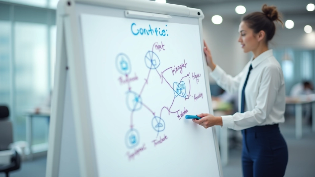 Whiteboard with network diagram showing blockchain triggers and payment flow